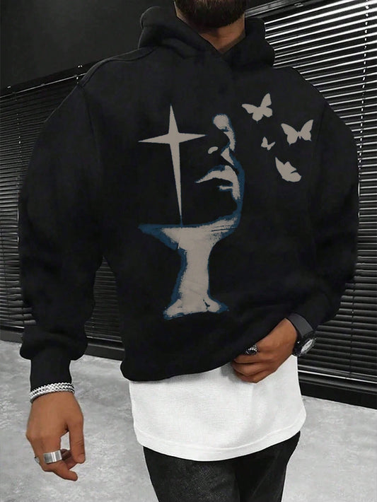 Men 1pc Butterfly Print Drawstring Hoodie